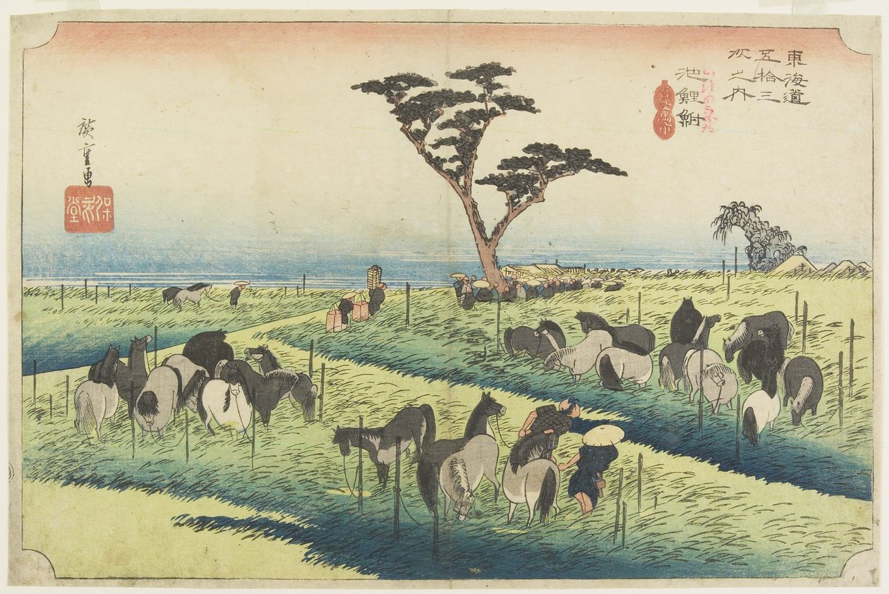 April Paardenmarkt, Chiryu_, c. 1833 door Utagawa Hiroshige