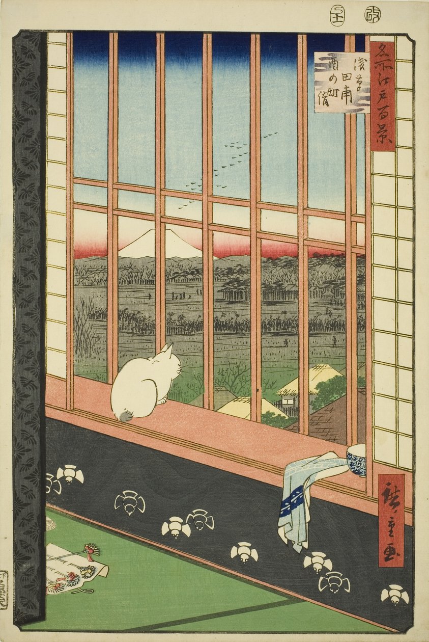 Asakusa rijstvelden en Torinomachi festival (Asakusa tanbo Torinomachi mode), uit de serie "Honderd beroemde uitzichten van Edo (Meisho Edo hyakkei)" door Utagawa Hiroshige