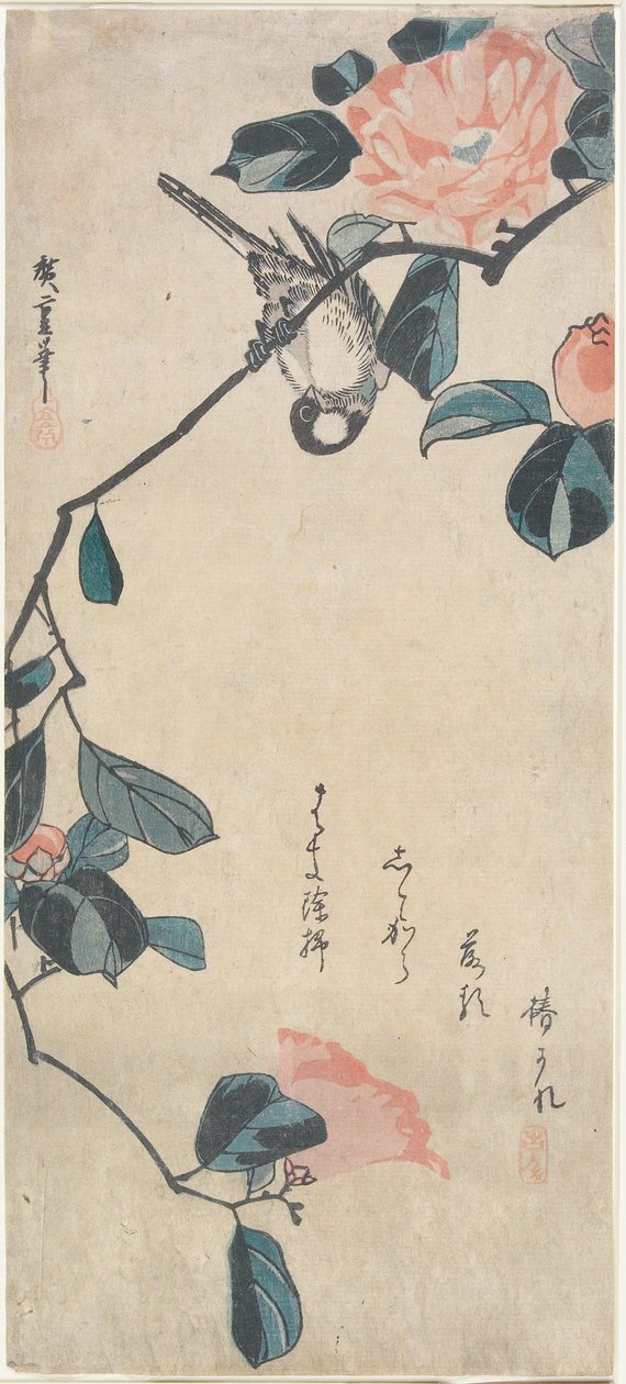 Camelia en goudvink door Utagawa Hiroshige