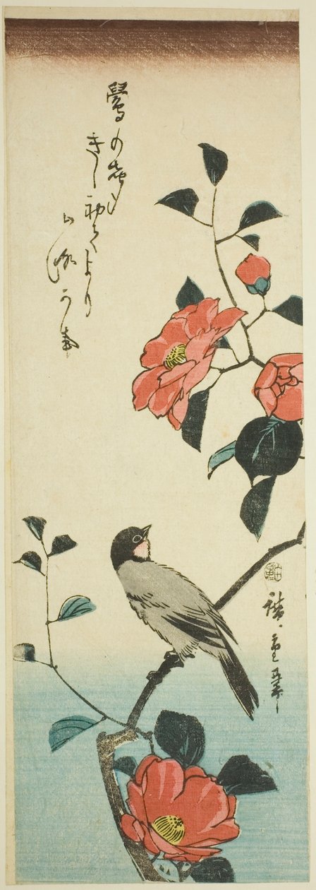 Camellia bloemen en goudvink door Utagawa Hiroshige