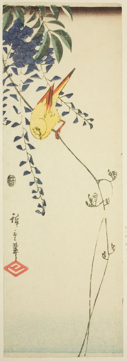Kanarie en blauwe regen door Utagawa Hiroshige