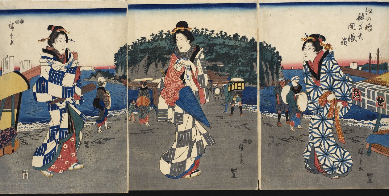Onthullingsceremonie van het beeld bij Benzaiten, Enoshima door Utagawa Hiroshige
