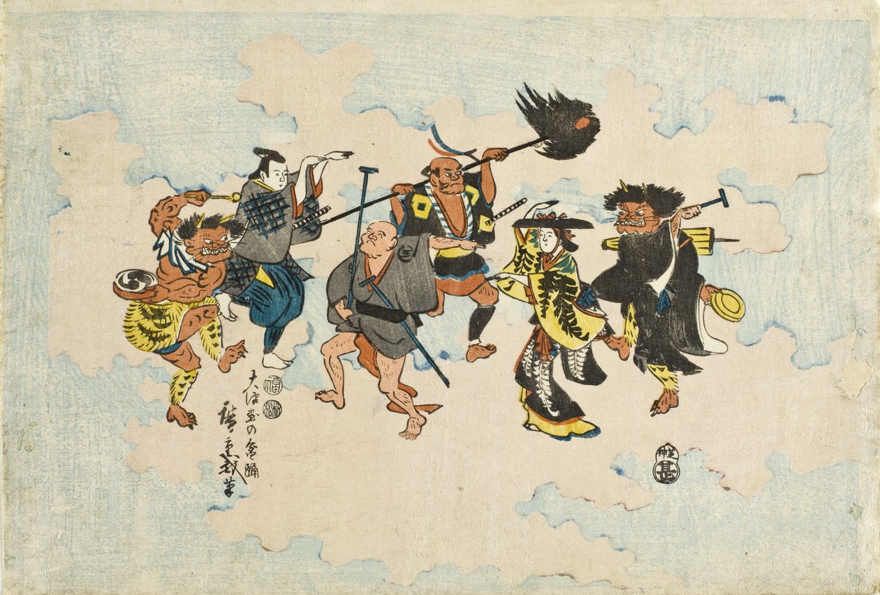Personages uit de Ōtsu-e-volksschilderijen die de Bon-odori dansen door Utagawa Hiroshige