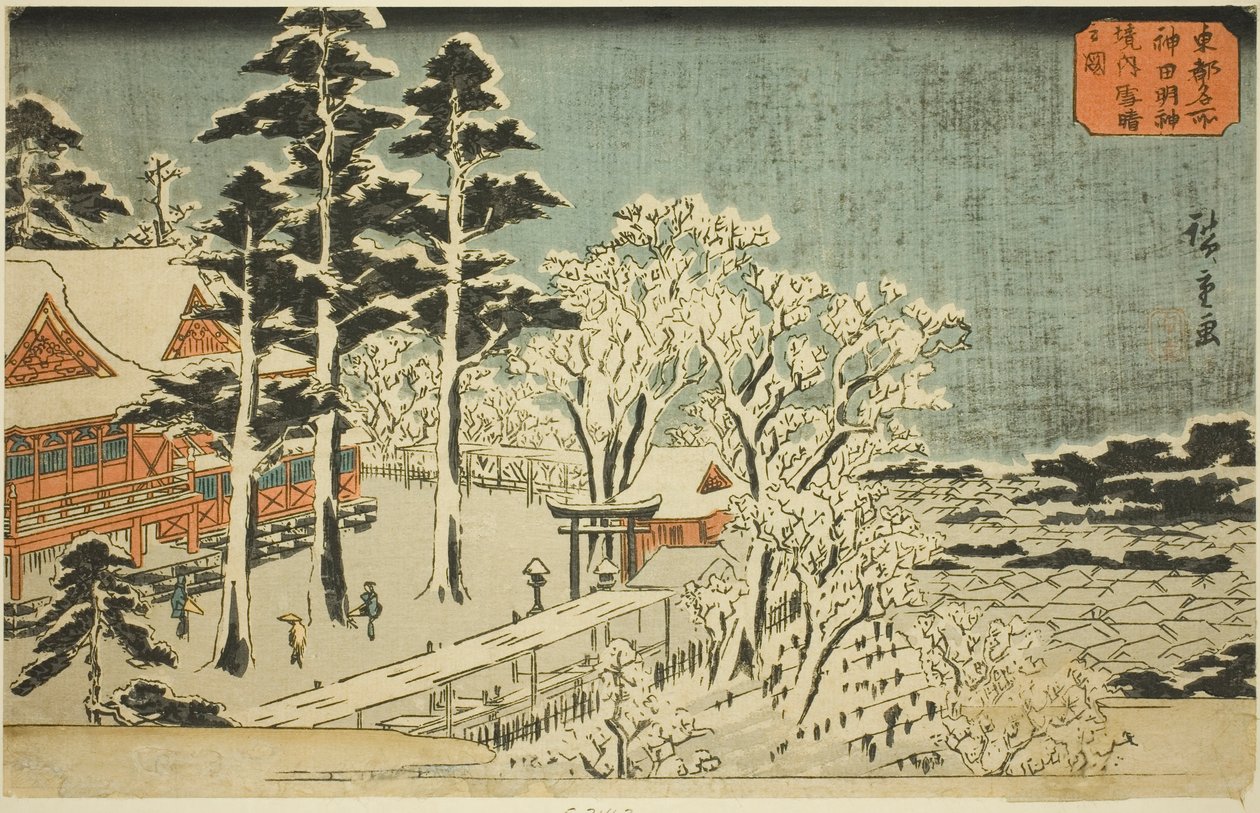 Helder weer na sneeuwval bij de Kanda Myojin-schrijn (Kanda Myojin keidai yukibare no zu), uit de serie "Beroemde plaatsen in de oostelijke hoofdstad (Toto meisho)" door Utagawa Hiroshige