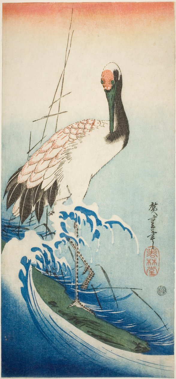 Kraanvogel en golven door Utagawa Hiroshige