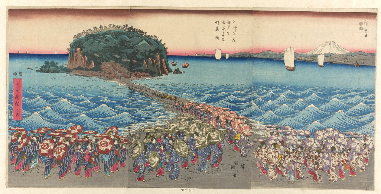 Menigte bezoekt de Benzaiten-schrijn in Enoshima in de provincie Sagami (Soshu Enoshima Benzaiten kaicho sankei gunshu no zu) door Utagawa Hiroshige