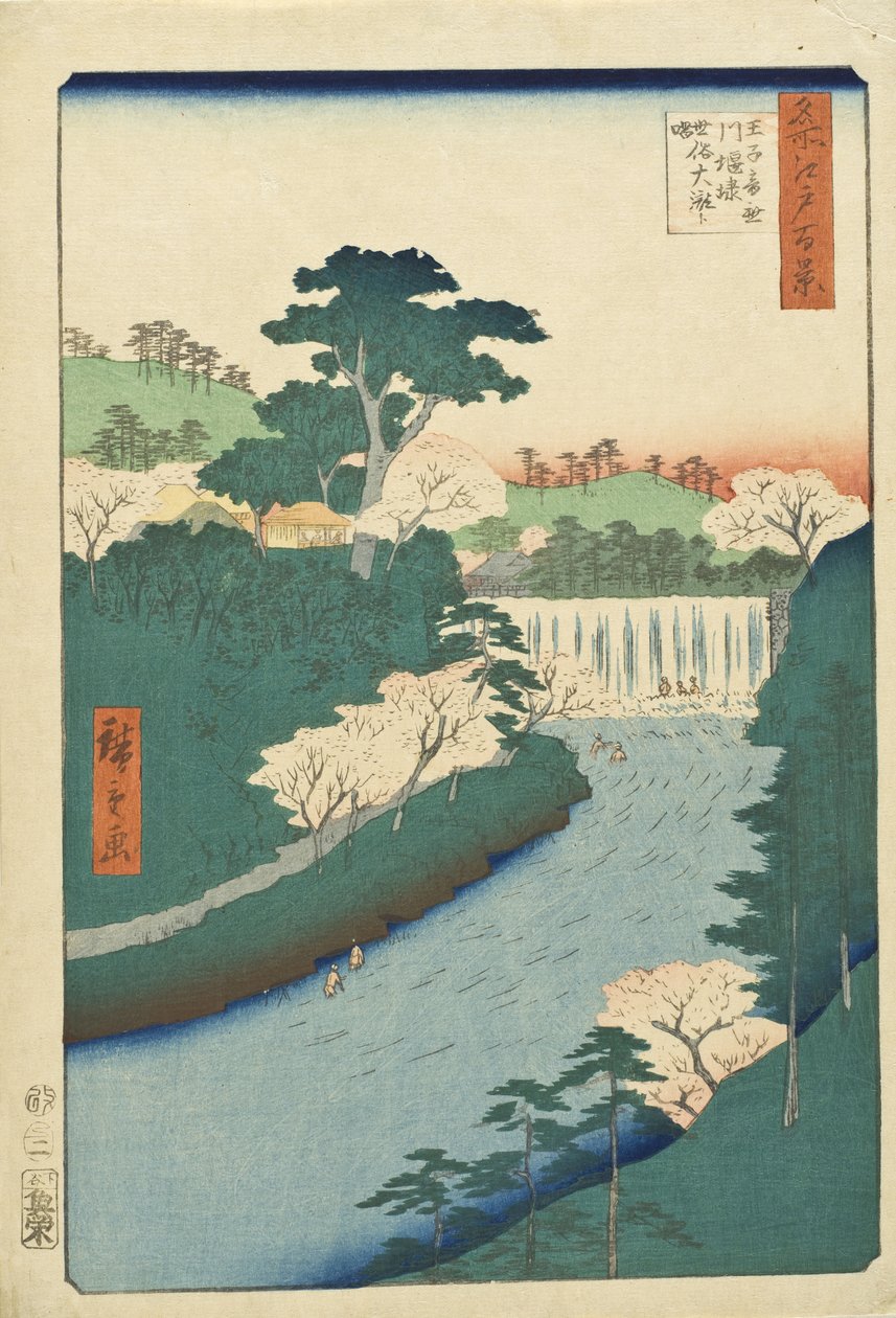De dam in de Otonashi-rivier bij Ōji, in de volksmond bekend als de ‘Grote Waterval’ door Utagawa Hiroshige