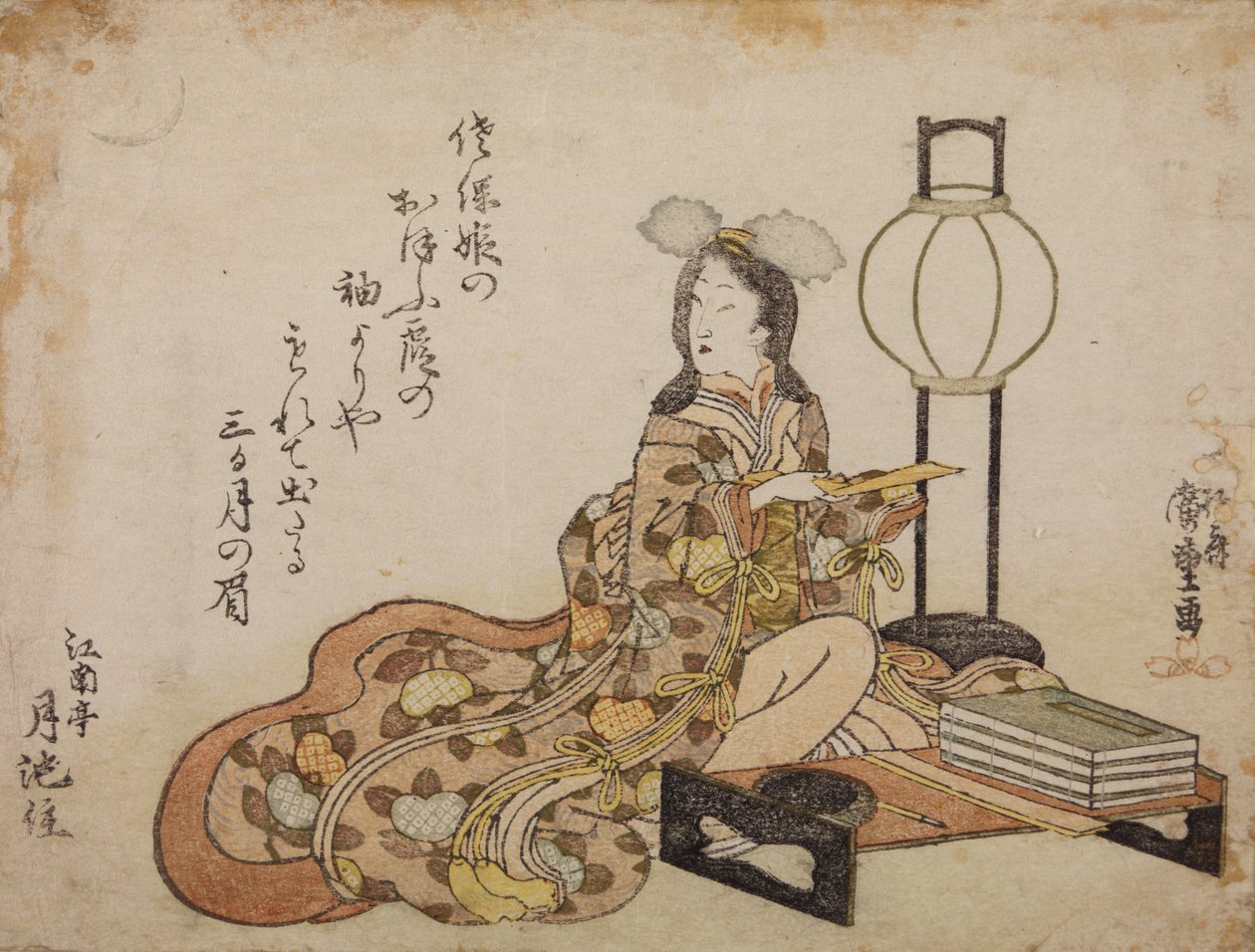 Hofdame naast een tafeltje en een lamp door Utagawa Hiroshige