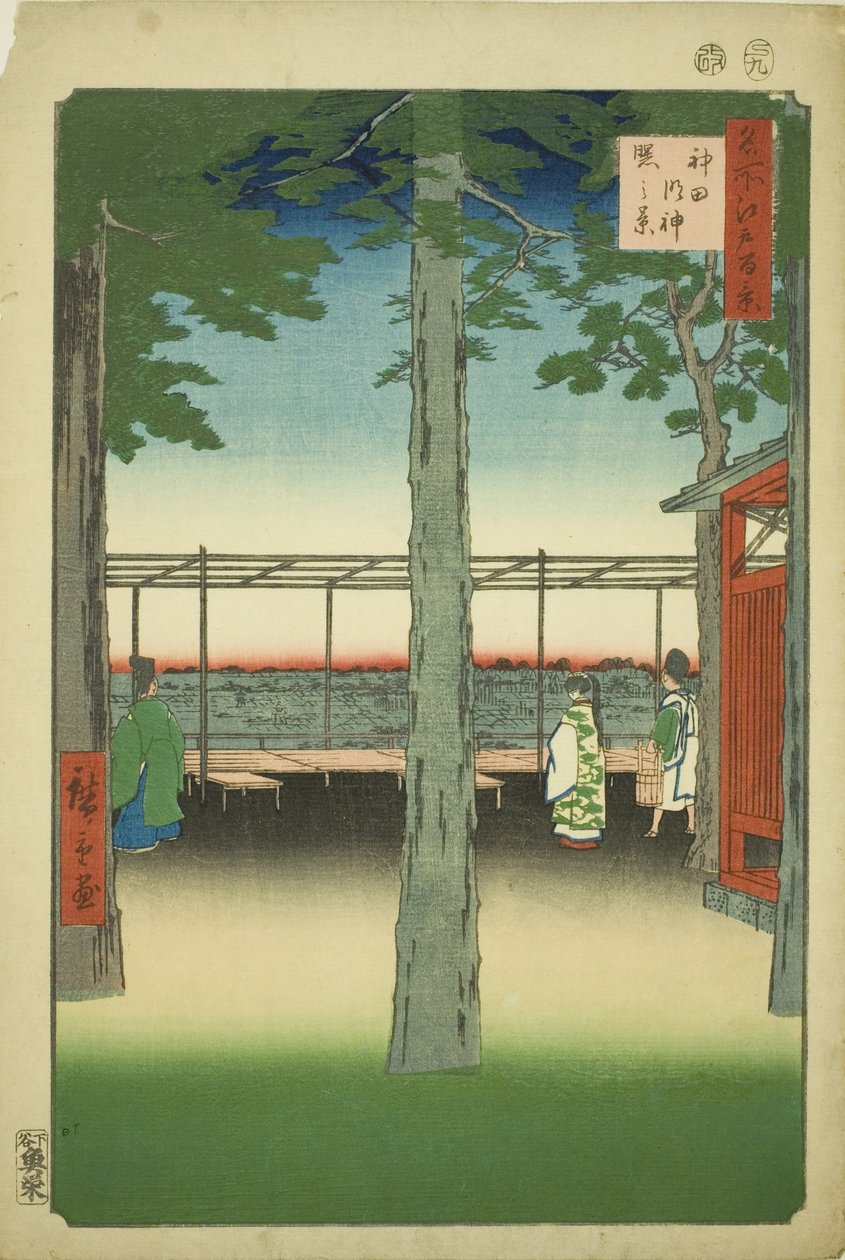 Dageraad bij Kanda Myojin-schrijn (Kanda Myojin akebono no kei), uit de serie "Honderd beroemde uitzichten van Edo (Meisho Edo hyakkei)" door Utagawa Hiroshige