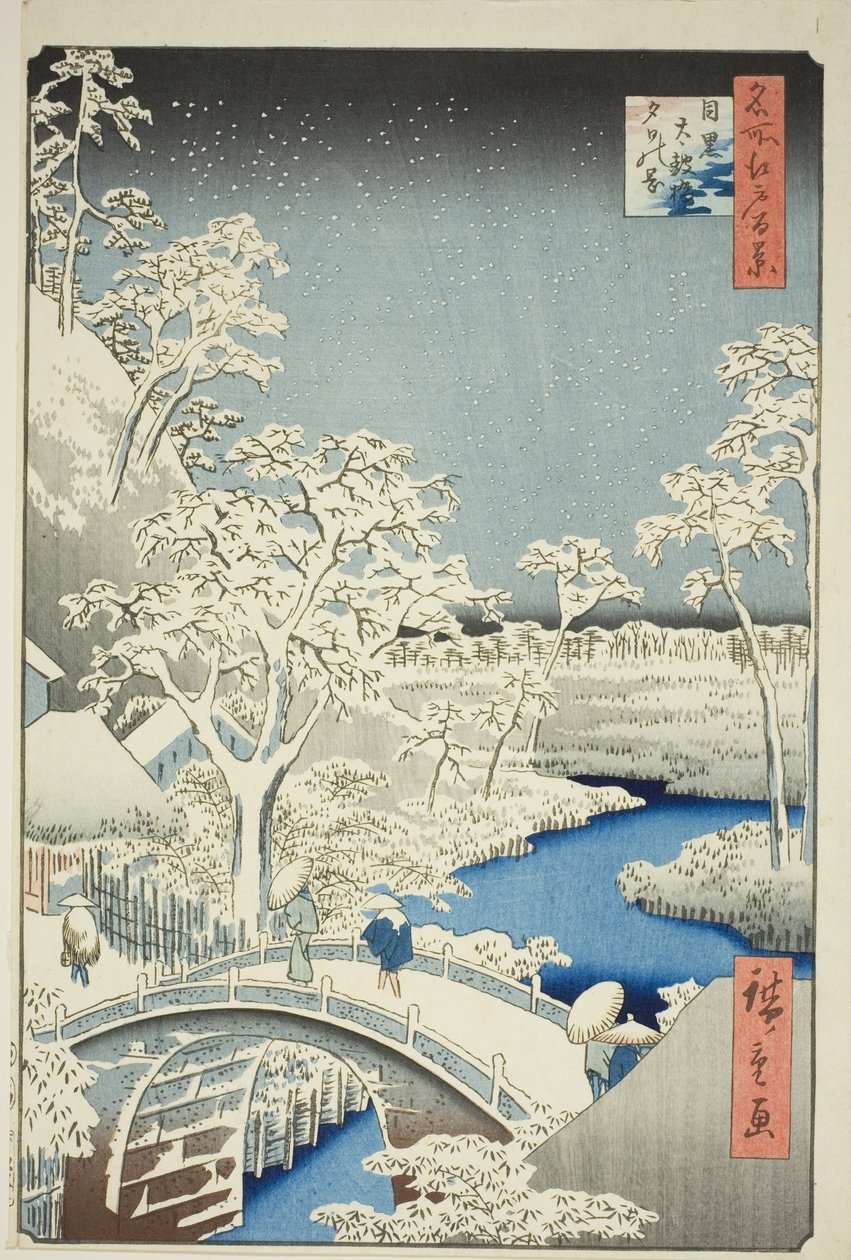 Drumbrug en Yuhi Heuvel in Meguro (Meguro Taikobashi Yuhi-no-oka), uit de serie "Honderd Beroemde Zichten van Edo (Meisho Edo hyakkei)" door Utagawa Hiroshige