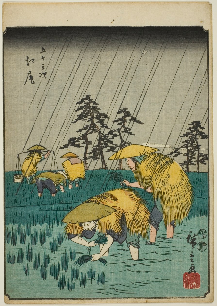Ejiri, uit de serie "Drieënvijftig stations [van de Tokaido]" ook bekend als de Figuren Tokaido door Utagawa Hiroshige
