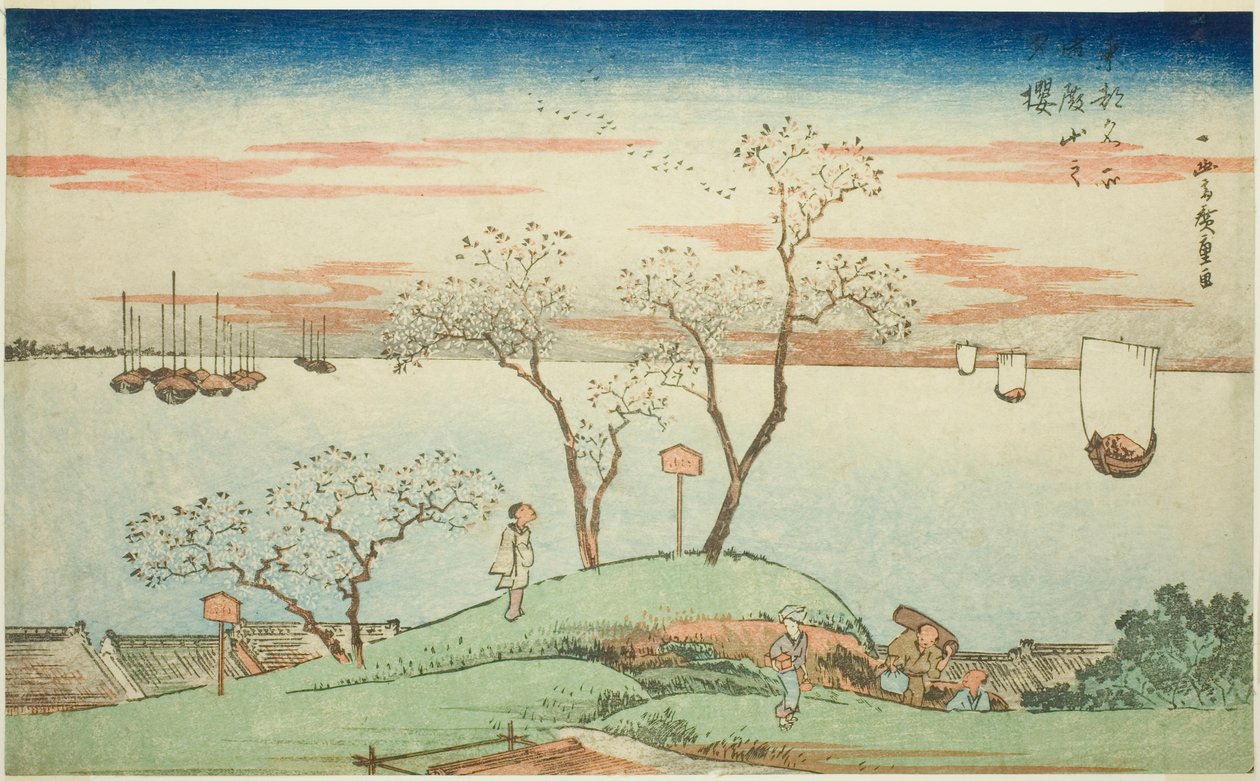 Avond Kersenbloesems op Goten Heuvel (Gotenyama no yuzakura), uit de serie "Beroemde Zichten van de Oostelijke Hoofdstad (Toto Meisho)" door Utagawa Hiroshige