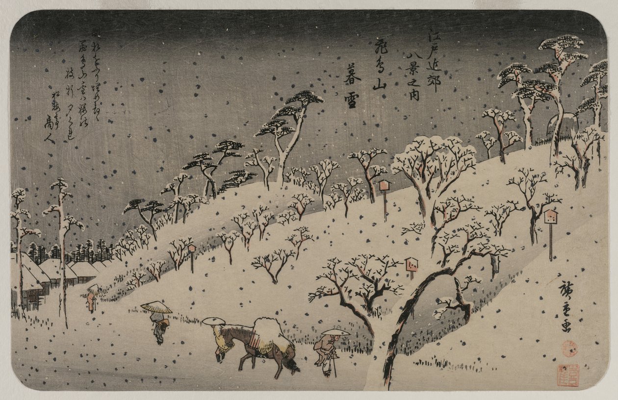 Avondsneeuw op Asuka Hill, uit de serie Acht Zichten van de Omgeving van Edo door Utagawa Hiroshige