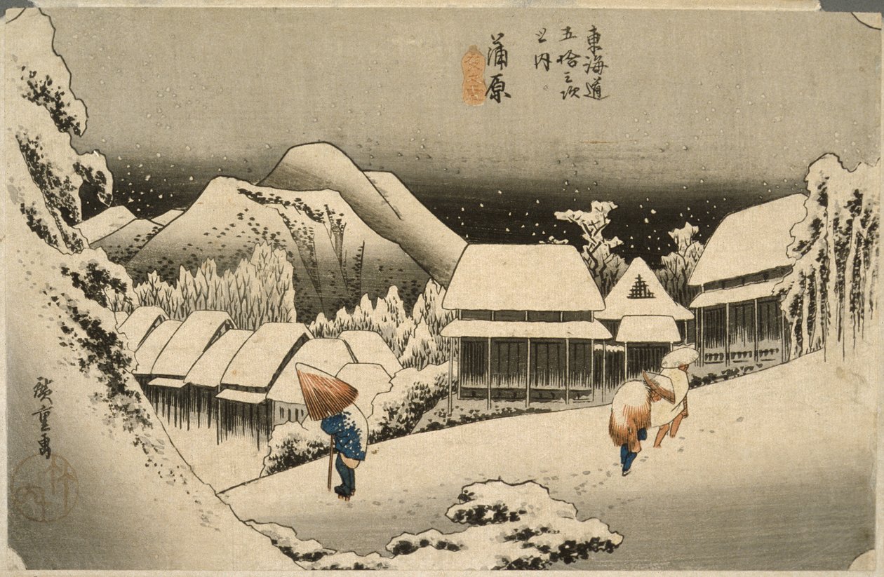 Avondsneeuw in Kanbara door Utagawa Hiroshige