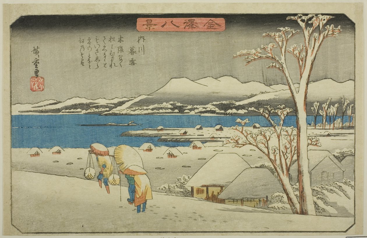 Avondsneeuw bij Uchikawa, uit de serie "Acht uitzichten van Kanazawa" door Utagawa Hiroshige