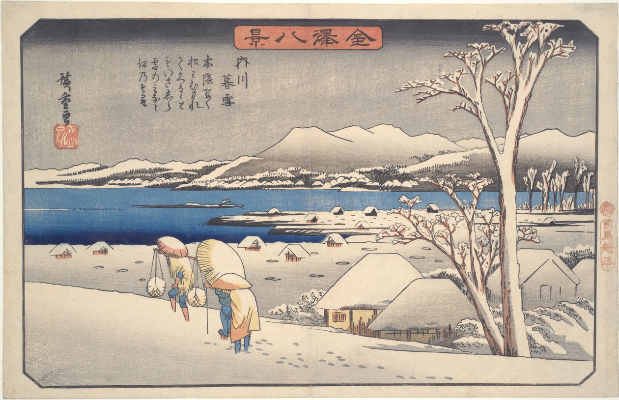 ’s Avonds sneeuw in Uchikawa, uit de serie Acht uitzichten op Kanazawa door Utagawa Hiroshige