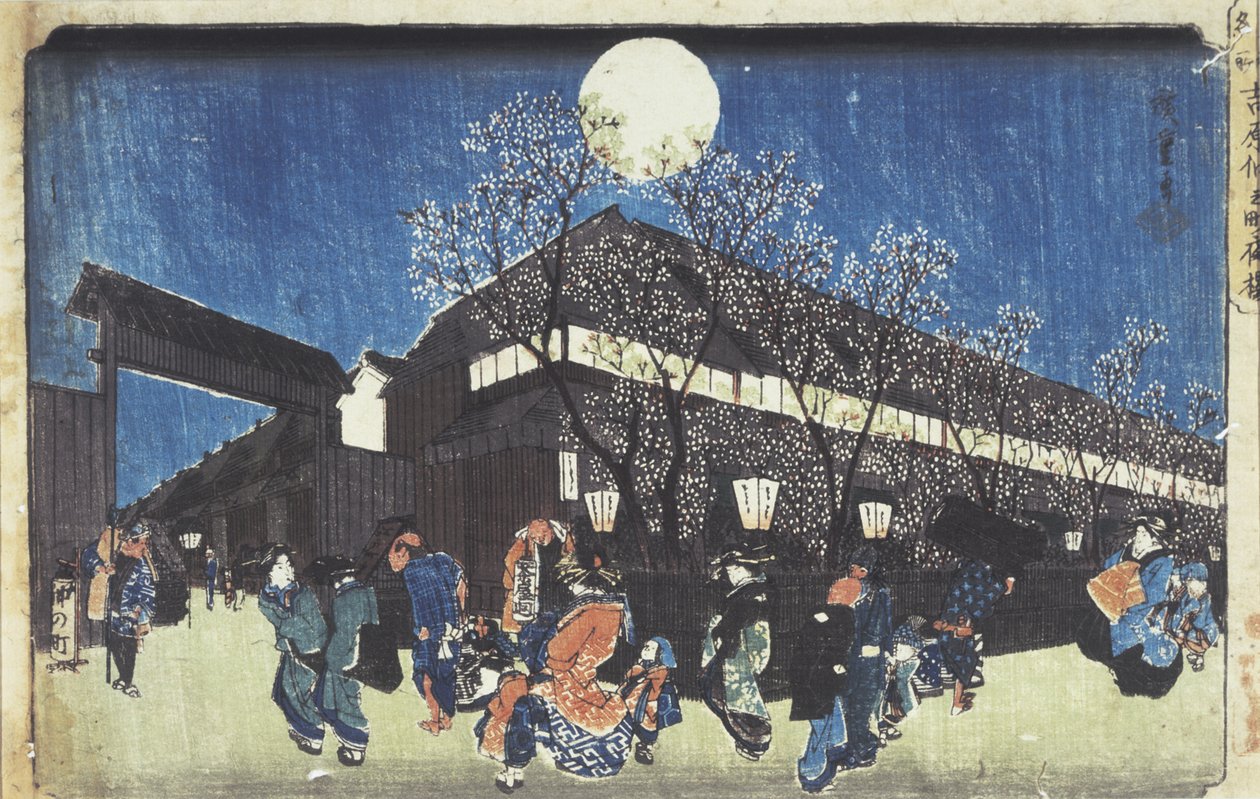 Bekende bezienswaardigheden van de oostelijke hoofdstad: kersenbloesems bij maanlicht in Yoshiwara door Utagawa Hiroshige
