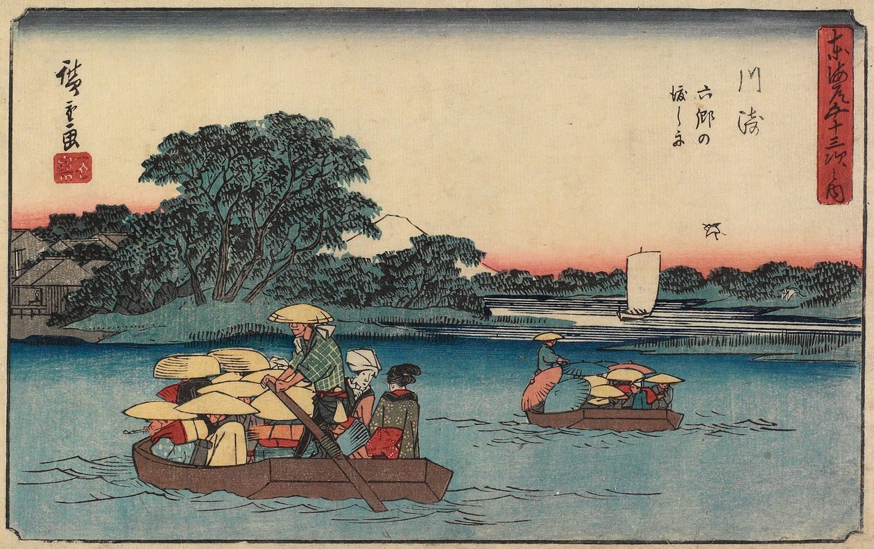 Veerpont bij Rokugō, Kawasaki door Utagawa Hiroshige
