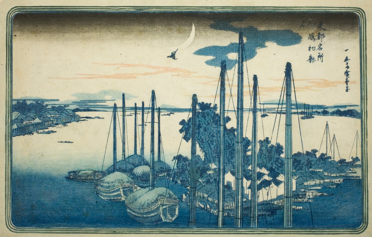 Eerste koekoek van het jaar op Tsukuda-eiland (Tsukudajima, hatsu hototogisu), uit de serie "Beroemde uitzichten van de oostelijke hoofdstad (Toto Meisho)" door Utagawa Hiroshige