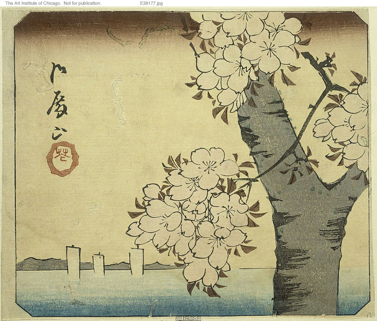 Bloemen op Goten Hill, deel van een blad uit de serie "Uitknipsels van beroemde plaatsen in Edo" door Utagawa Hiroshige