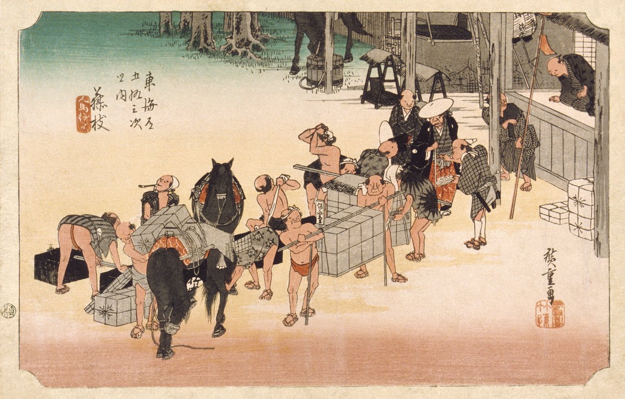 Fujieda: wisselende dragers en paarden door Utagawa Hiroshige