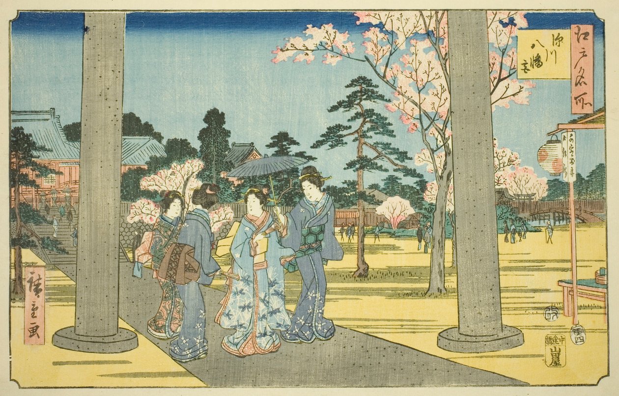 Fukagawa Hachiman-schrijn, uit de serie "Beroemde plaatsen in Edo" door Utagawa Hiroshige