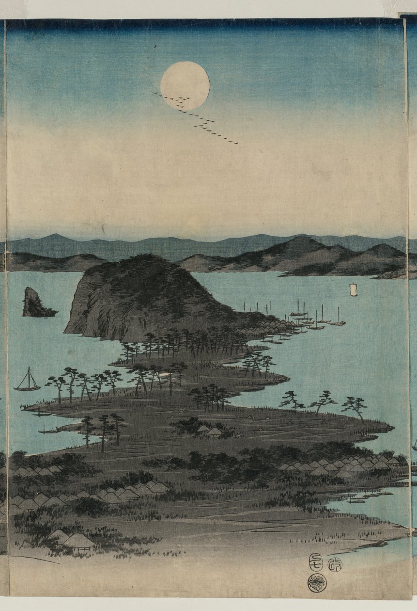 Volle maan boven Kanazawa, Musashi door Utagawa Hiroshige