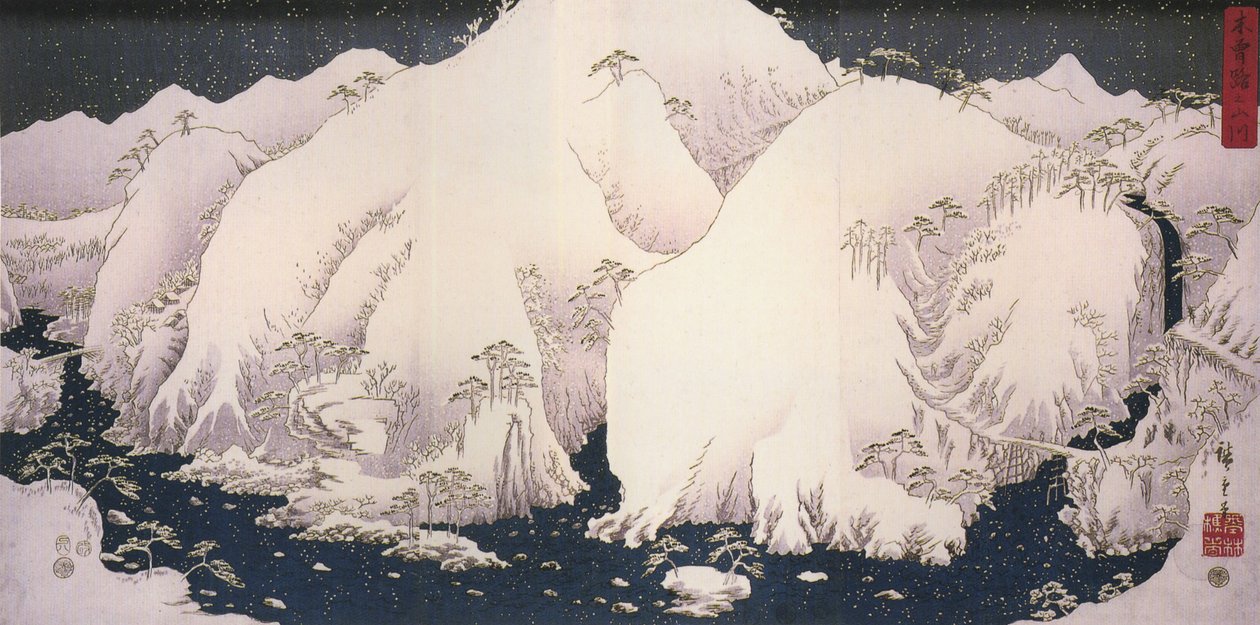 Hiroshige, Een rivier tussen besneeuwde bergen door Utagawa Hiroshige