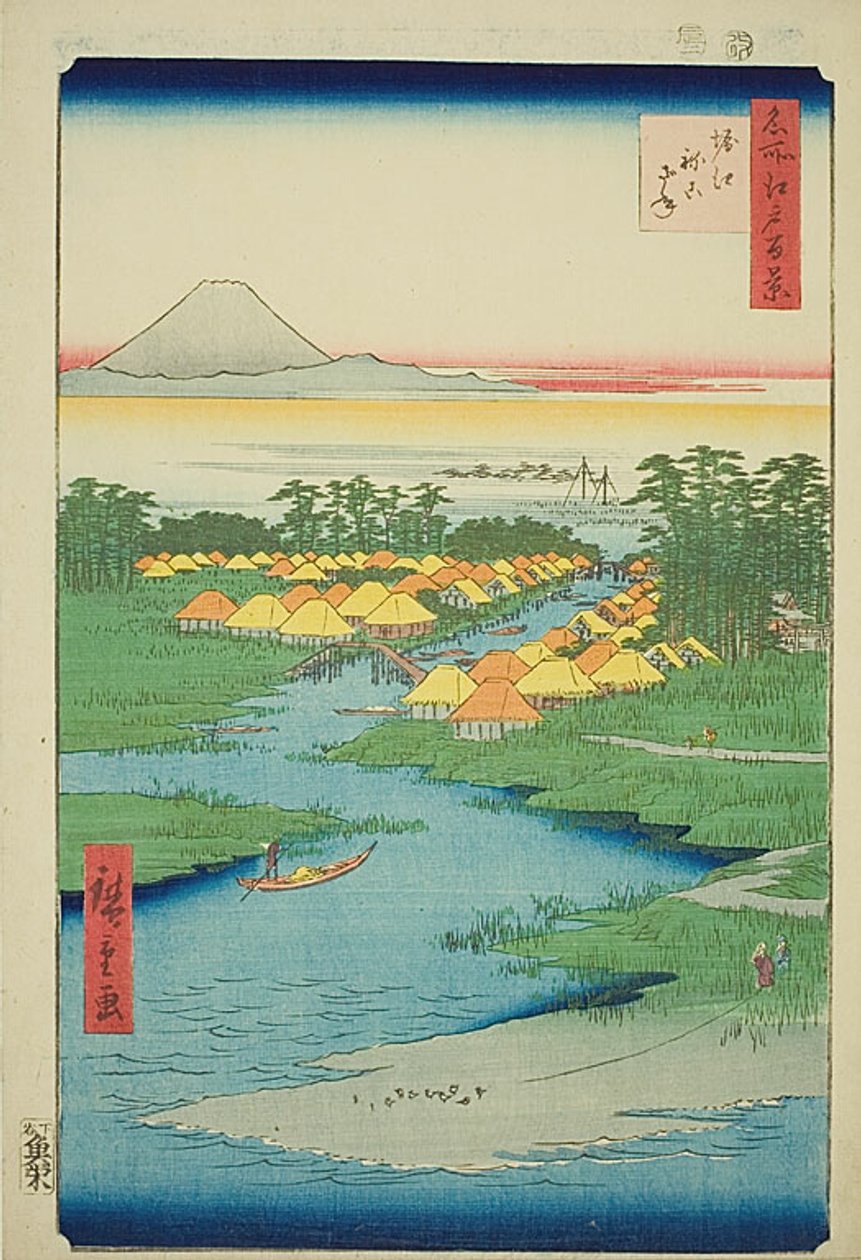 Horie en Nekozane (Horie Nekozane), nr.96 uit de serie "Honderd beroemde gezichten op Edo (Meisho Edo hyakkei)". door Utagawa Hiroshige