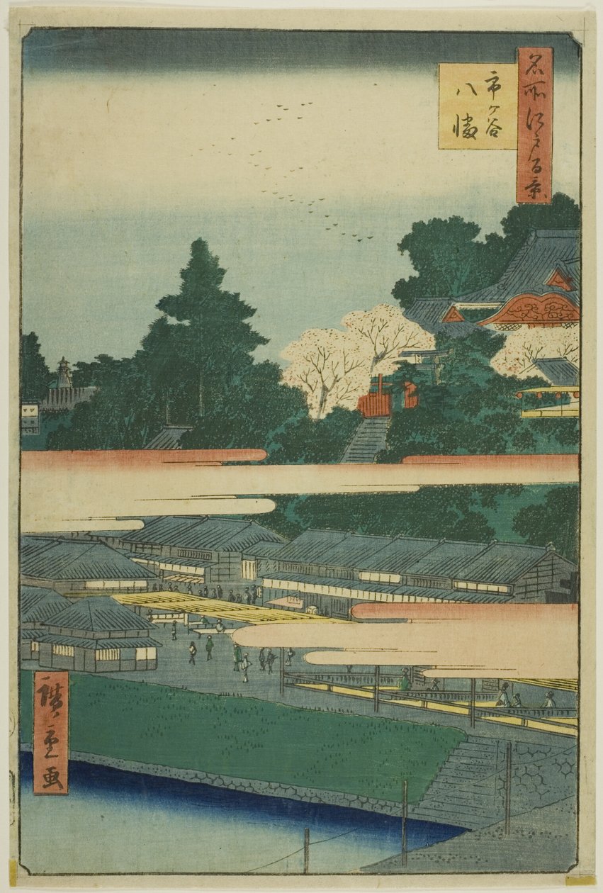 Ichigaya Hachiman Shrine (Ichigaya Hachiman), uit de serie "One Hundred Famous Views of Edo (Meisho Edo hyakkei)". door Utagawa Hiroshige