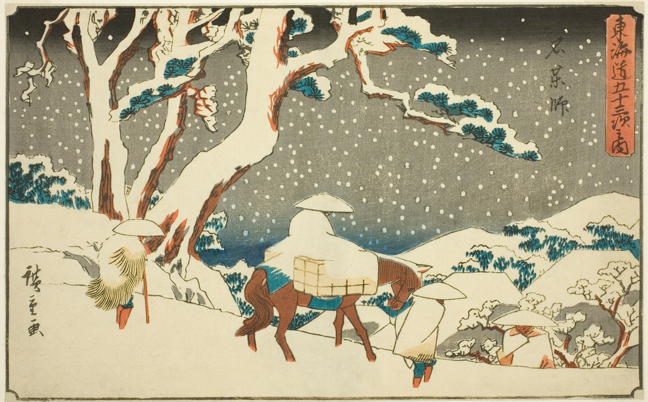 Ishiyakushi, uit de serie "Drieënvijftig stations van de Tokaido (Tokaido gojusan tsugi no uchi)," ook bekend als de Gyosho Tokaido door Utagawa Hiroshige