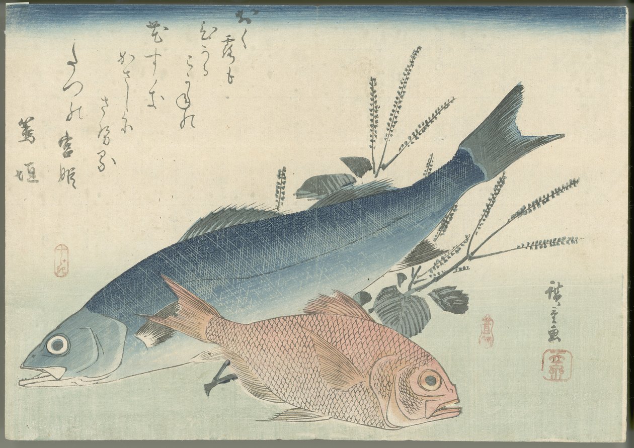 Japanse zeebaars, goudogige zeebrasem en shiso-plant door Utagawa Hiroshige