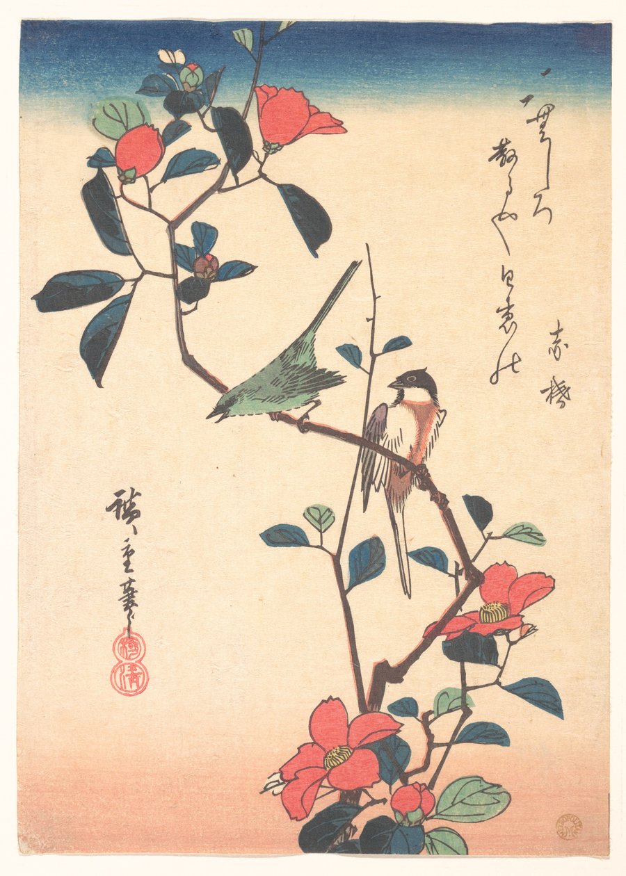 Japanse witogen en mees op een camelliatak door Utagawa Hiroshige