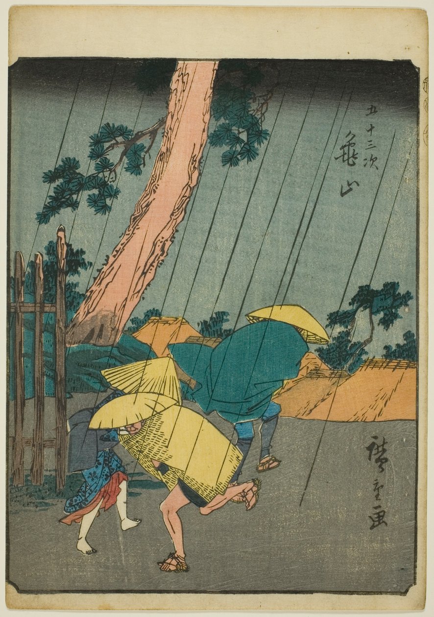 Kameyama, uit de serie "Drieënvijftig stations [van de Tokaido] (Gojusan tsugi)," ook bekend als de Figuren Tokaido (Jinbutsu Tokaido) door Utagawa Hiroshige