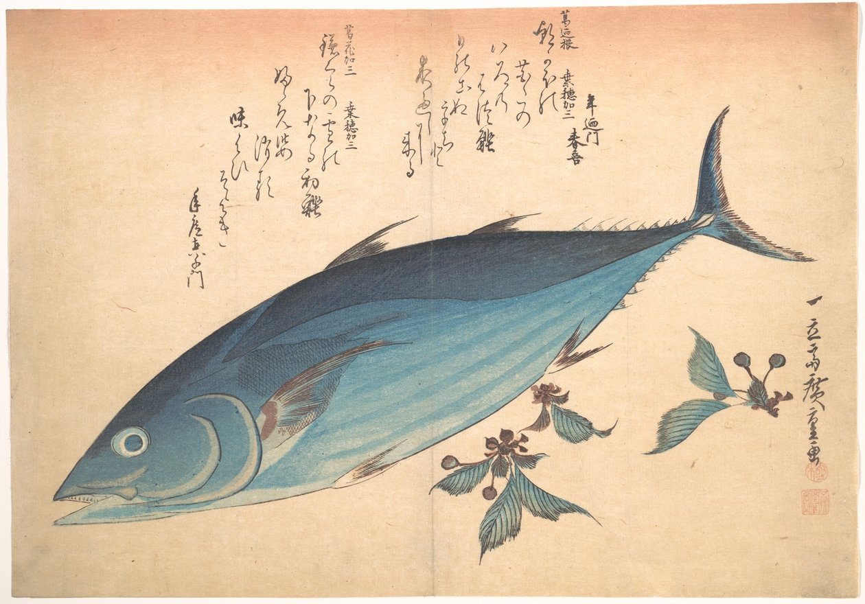 Katsuo-vis met kersenbloesemknoppen, uit de serie Uozukushi (Alle vissoorten) door Utagawa Hiroshige