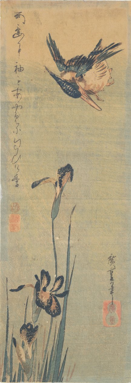 IJsvogel vliegend over een Iris door Utagawa Hiroshige