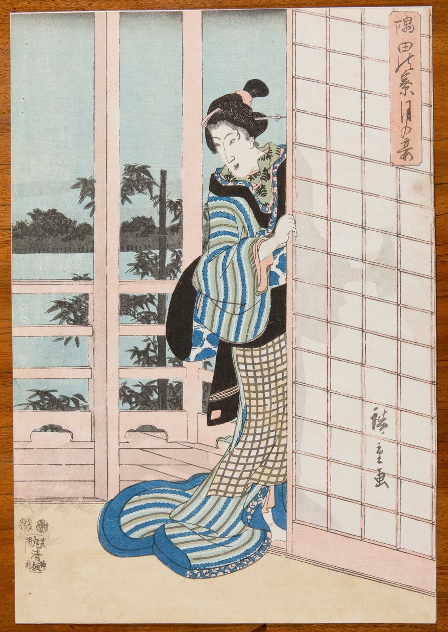 Vrouw staand op een veranda door Utagawa Hiroshige