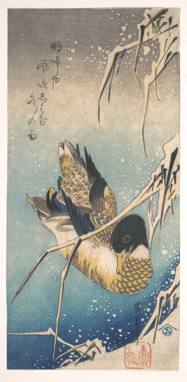 Wilde eend en besneeuwd riet door Utagawa Hiroshige