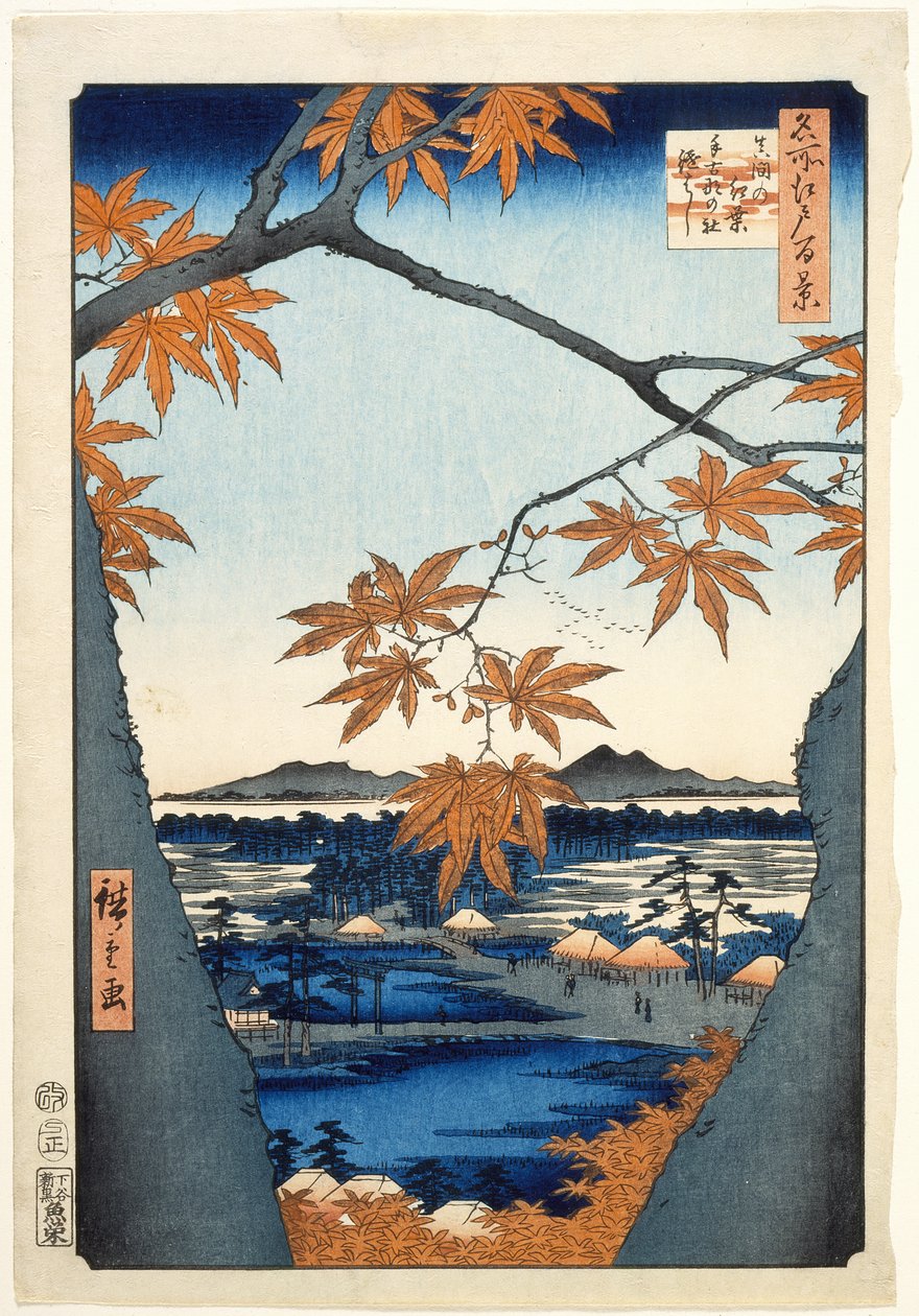 Esdoorns bij Mama, het Tekona-heiligdom en de verbindingsbrug door Utagawa Hiroshige