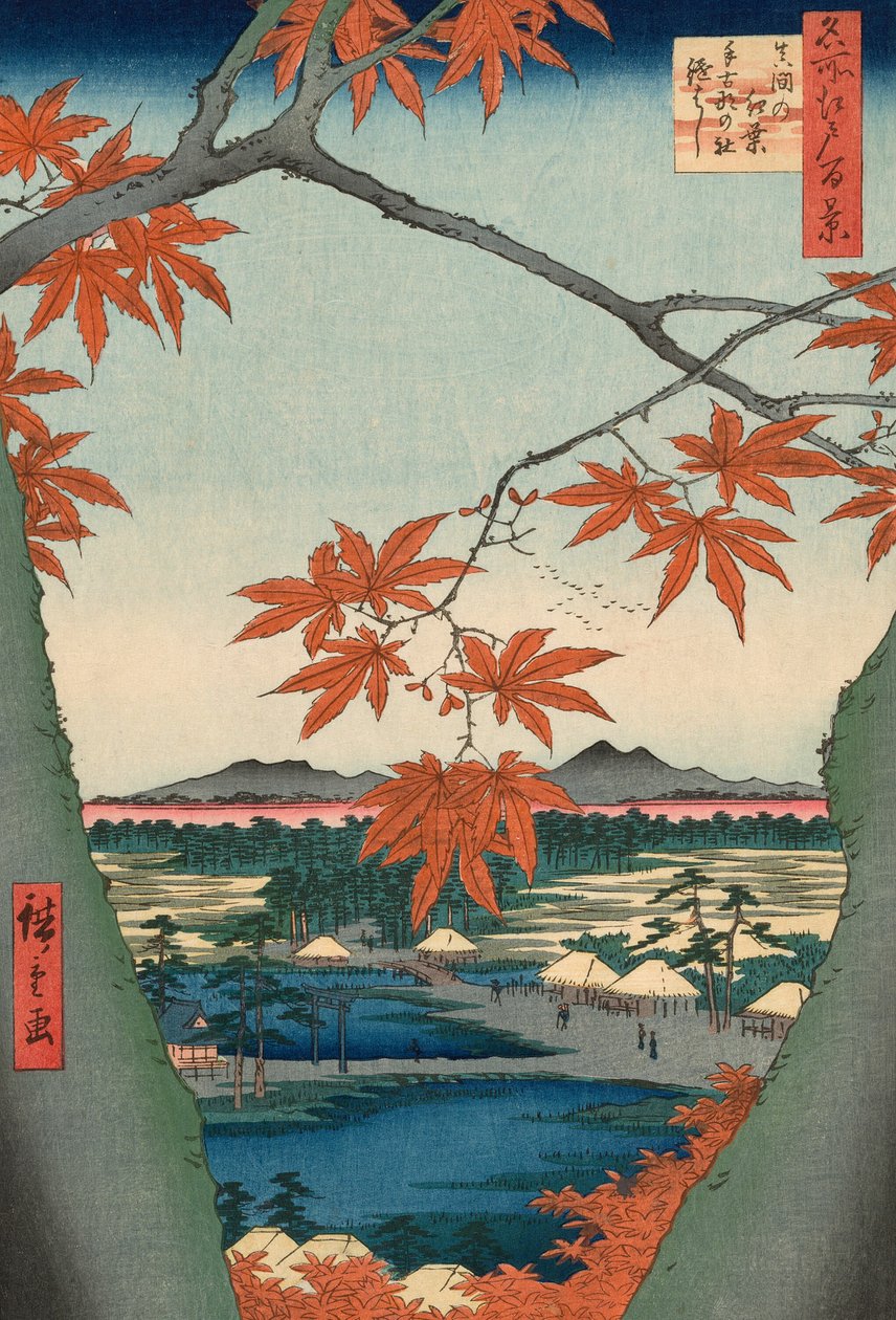Esdoorns bij Mama, Tekona-heiligdom en Tsugi-brug (Mama no momiji, Tekona no yashiro, Tsugihashi), uit de serie "Honderd beroemde gezichten van Edo (Meisho Edo hyakkei)" door Utagawa Hiroshige