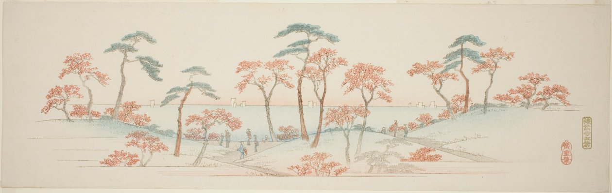Esdoorns bij de Kaianji-tempel (Kaianji koyo), uit een ongetitelde serie van beroemde uitzichten van de buitenwijken van Edo door Utagawa Hiroshige