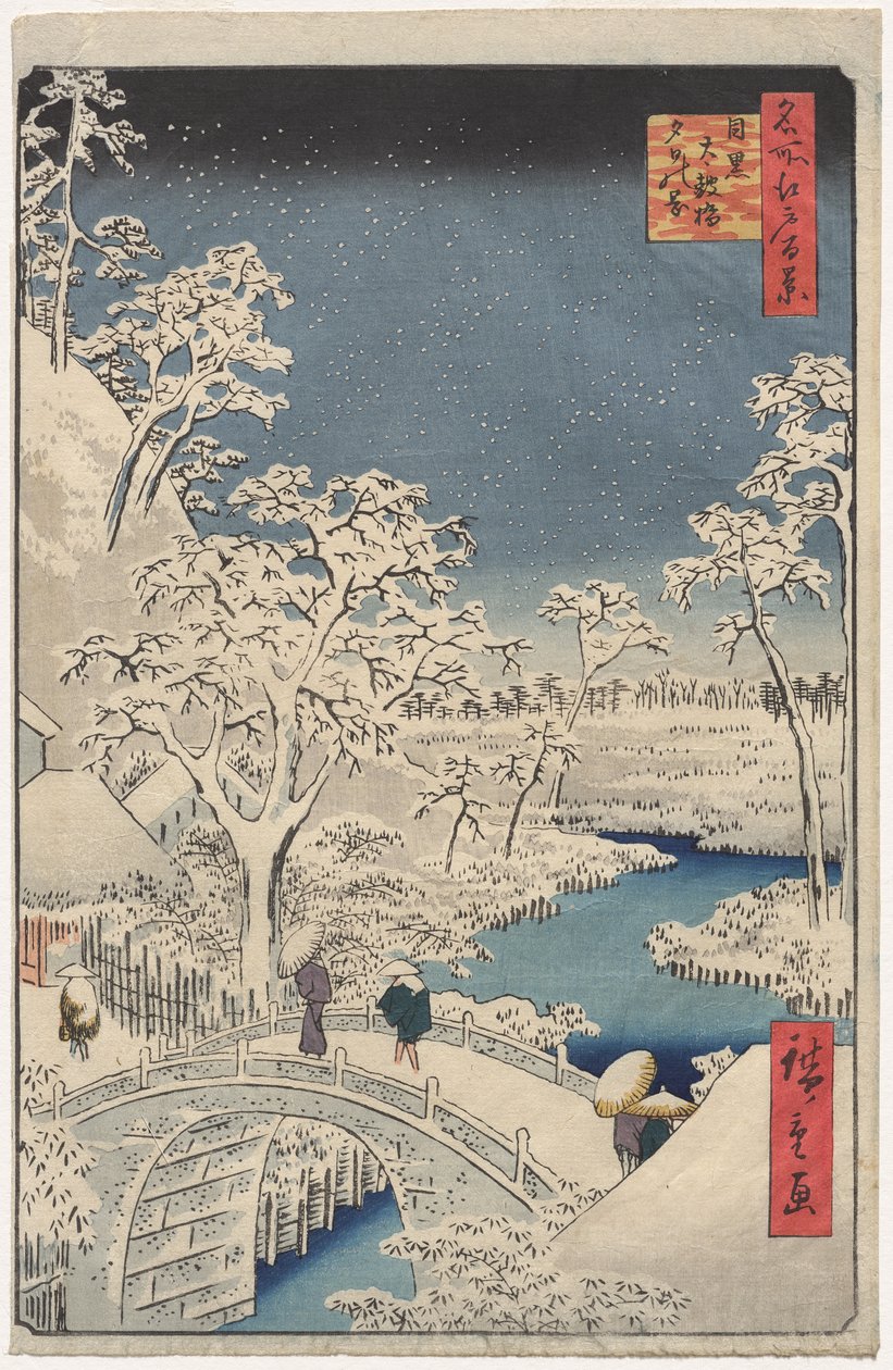 Schemering bij de Drumbrug in Meguro, uit de serie 100 Zichten op Beroemde Plaatsen in Edo door Utagawa Hiroshige