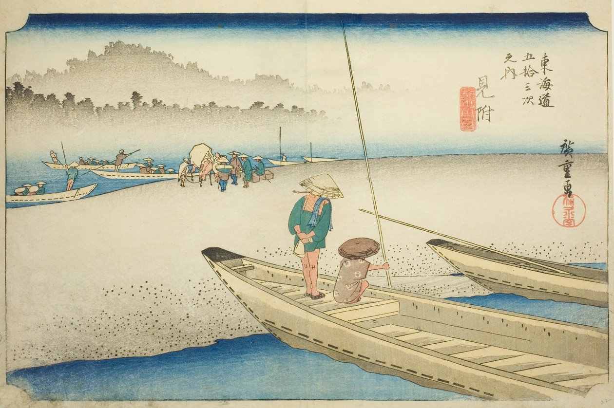 Mitsuke: Uitzicht op de Tenryu Rivier, uit de serie "Drieënvijftig Stations van de Tokaido," ook bekend als de Hoeido Tokaido door Utagawa Hiroshige