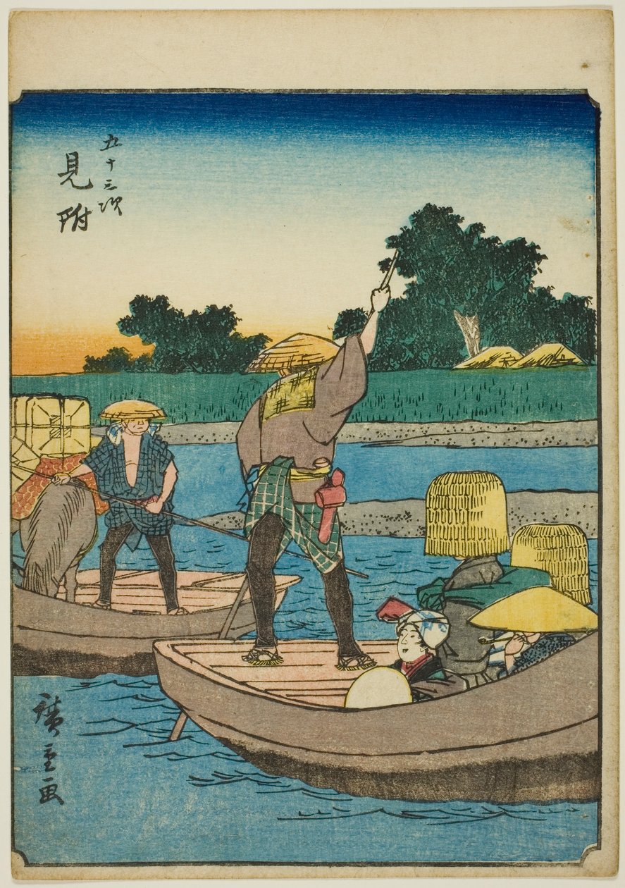 Mitsuke, uit de serie "Drieënvijftig Stations [van de Tokaido] (Gojusan tsugi)," ook bekend als de Figuren Tokaido (Jinbutsu Tokaido) door Utagawa Hiroshige