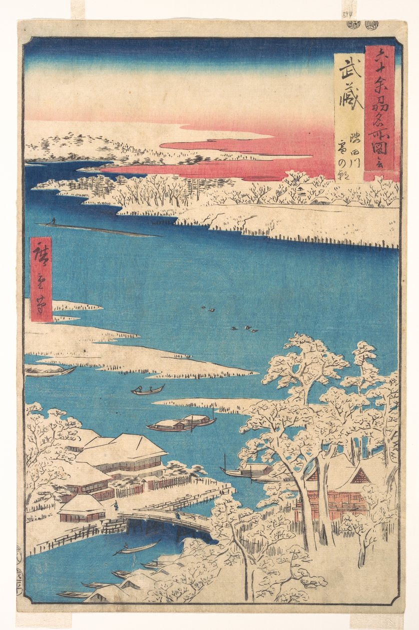 De ochtend na een sneeuwbui, de Sumida-rivier, provincie Musashi
, uit de serie „Uitzichten op beroemde plaatsen in de zo’n zestig provincies” door Utagawa Hiroshige