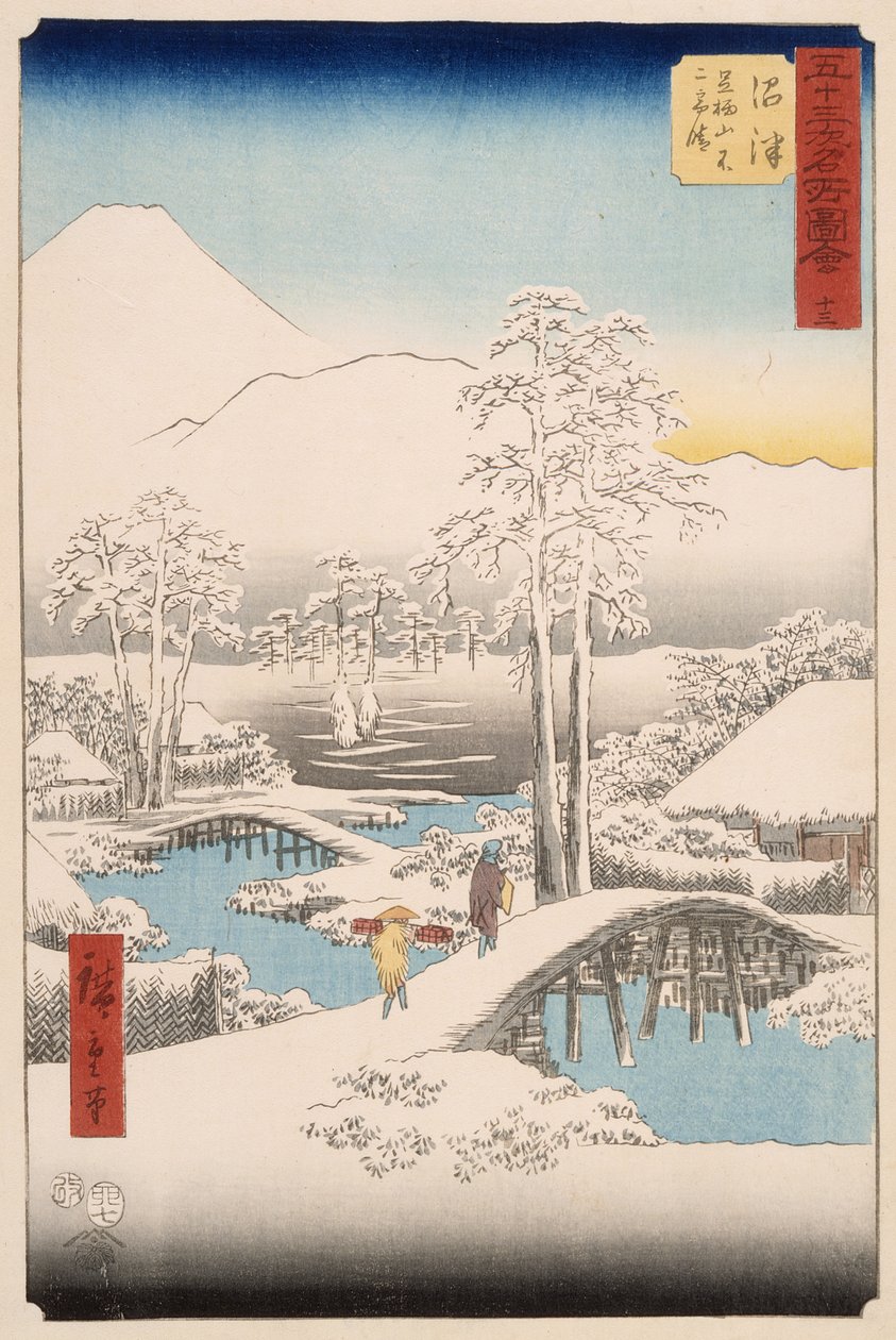 De berg Fuji en de berg Ashigara, gezien vanuit Numazu bij helder weer na een sneeuwval door Utagawa Hiroshige