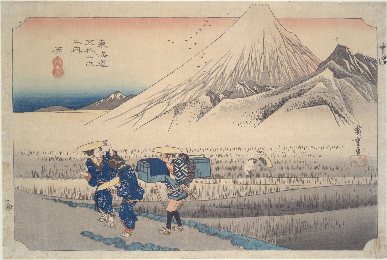 De berg Fuji bij zonsopgang bij het station Hara, uit de serie ’De drieënvijftig stations van de Tōkaidō’ door Utagawa Hiroshige