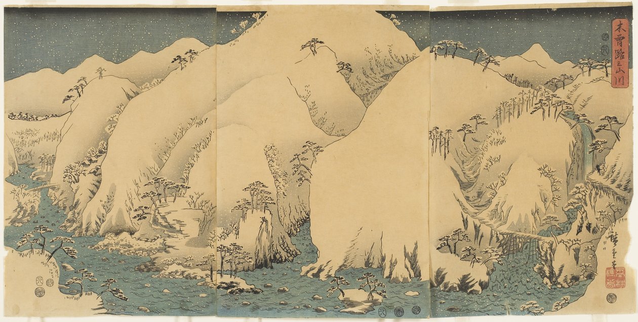 Berg en rivier bij Kiso-pas, augustus 1857 door Utagawa Hiroshige