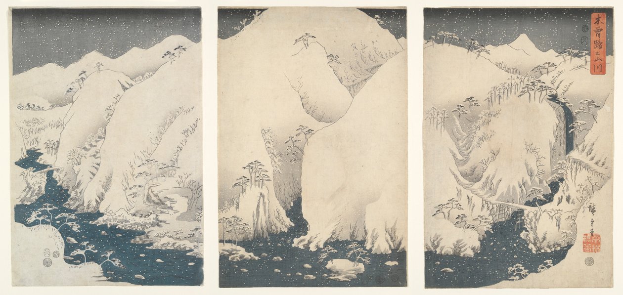 Bergen en Rivieren langs de Kiso Snelweg onder Sneeuw door Utagawa Hiroshige