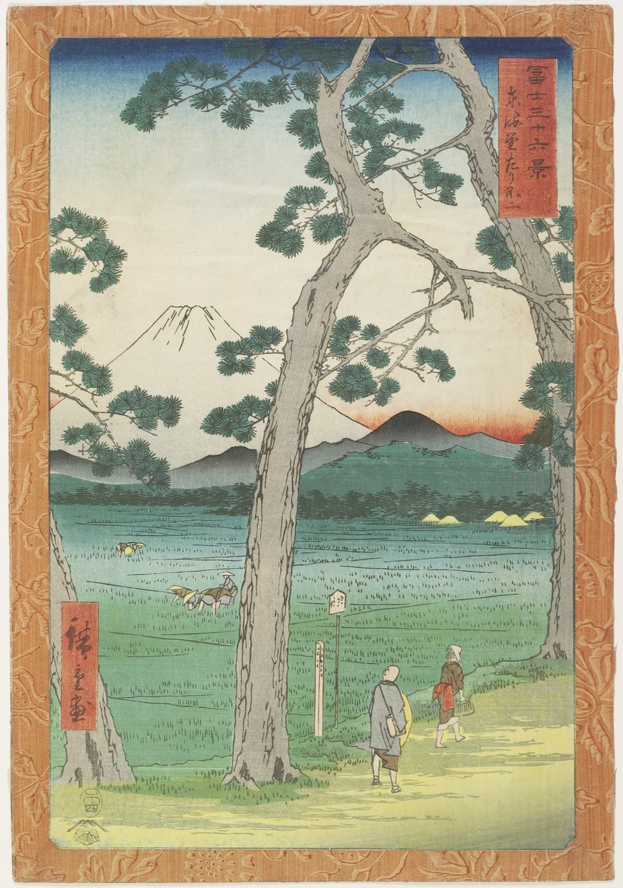 Mt. Fuji aan de linkerkant gezien vanaf de To_kaido_ Road, april 1858 door Utagawa Hiroshige